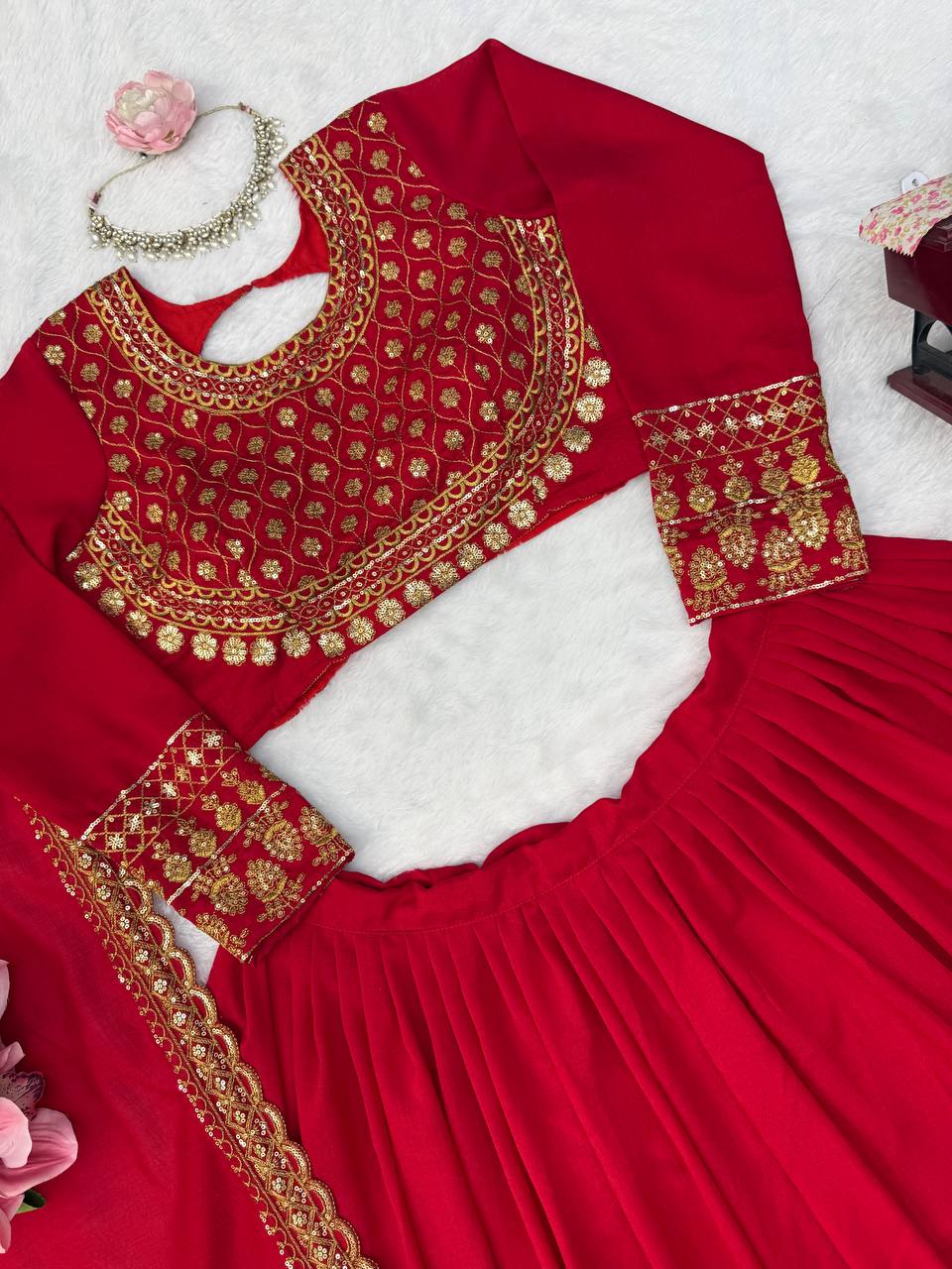 Classic Crimson Red Bridal Lehenga Choli Featuring Opulent Gold Zari Embroidery and Scalloped Borders